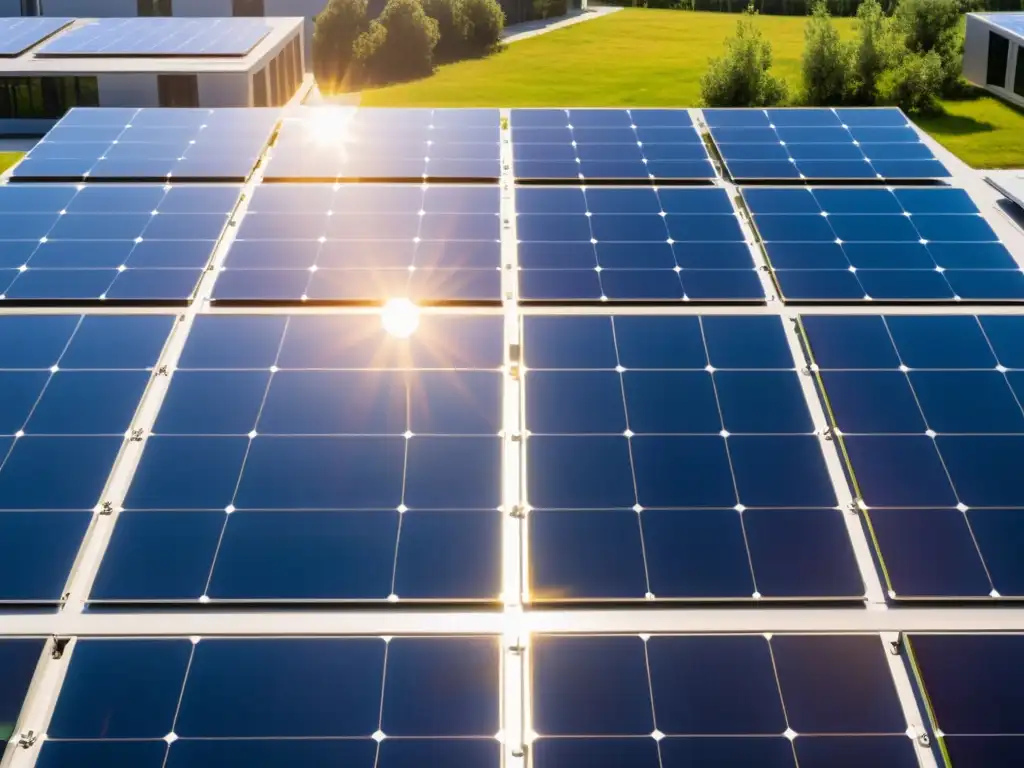 Innovación tecnológica en energía solar: Paneles solares modernos en un edificio comunitario, armonía entre tecnología y naturaleza