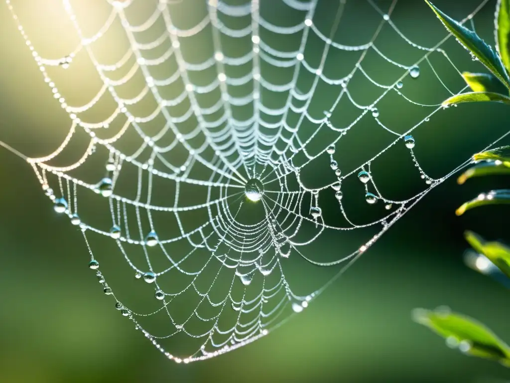 Una telaraña delicada y detallada, con gotas de rocío, capturada con alta resolución