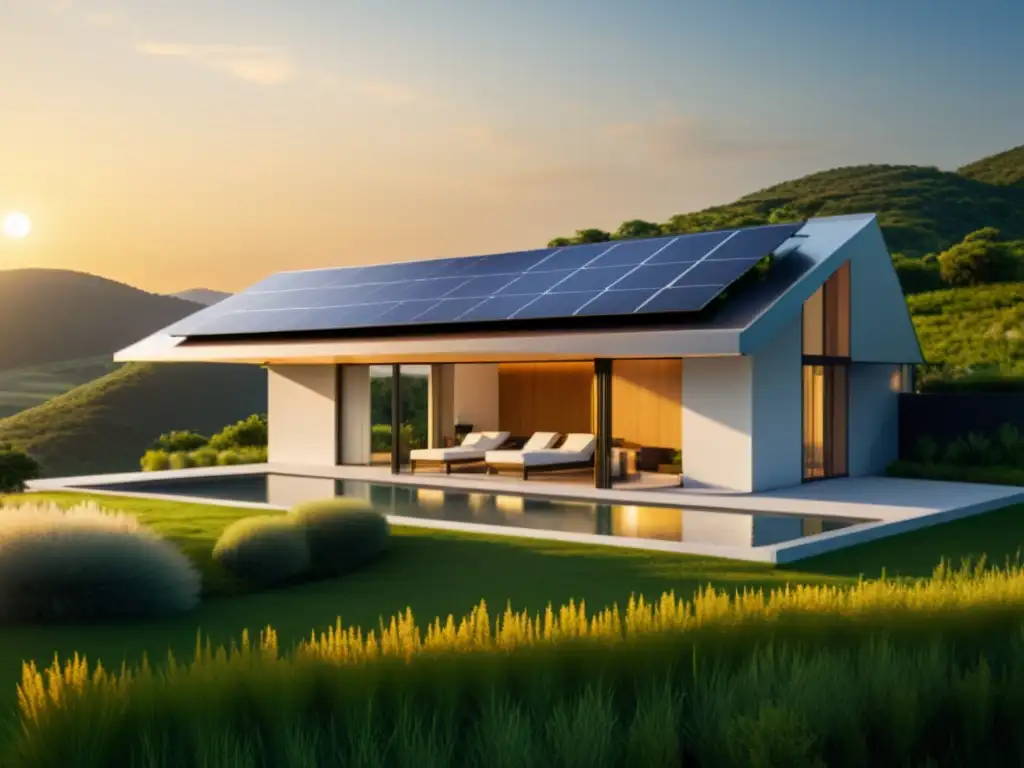 Tendencias de energía renovable: Casa sostenible con paneles solares integrados en el techo, bañados por la cálida luz del sol