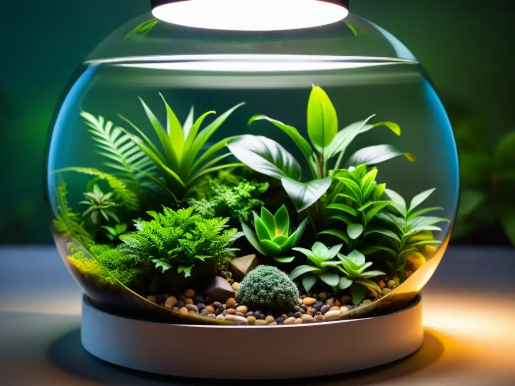 Terrario exuberante iluminado por LED cálido, muestra belleza y tranquilidad