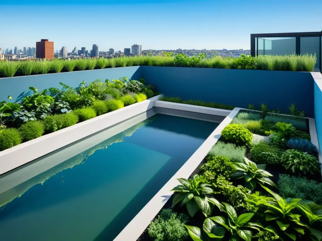 Jardín de terraza sereno con sistema de recogida de agua de lluvia sostenible integrado en la arquitectura moderna