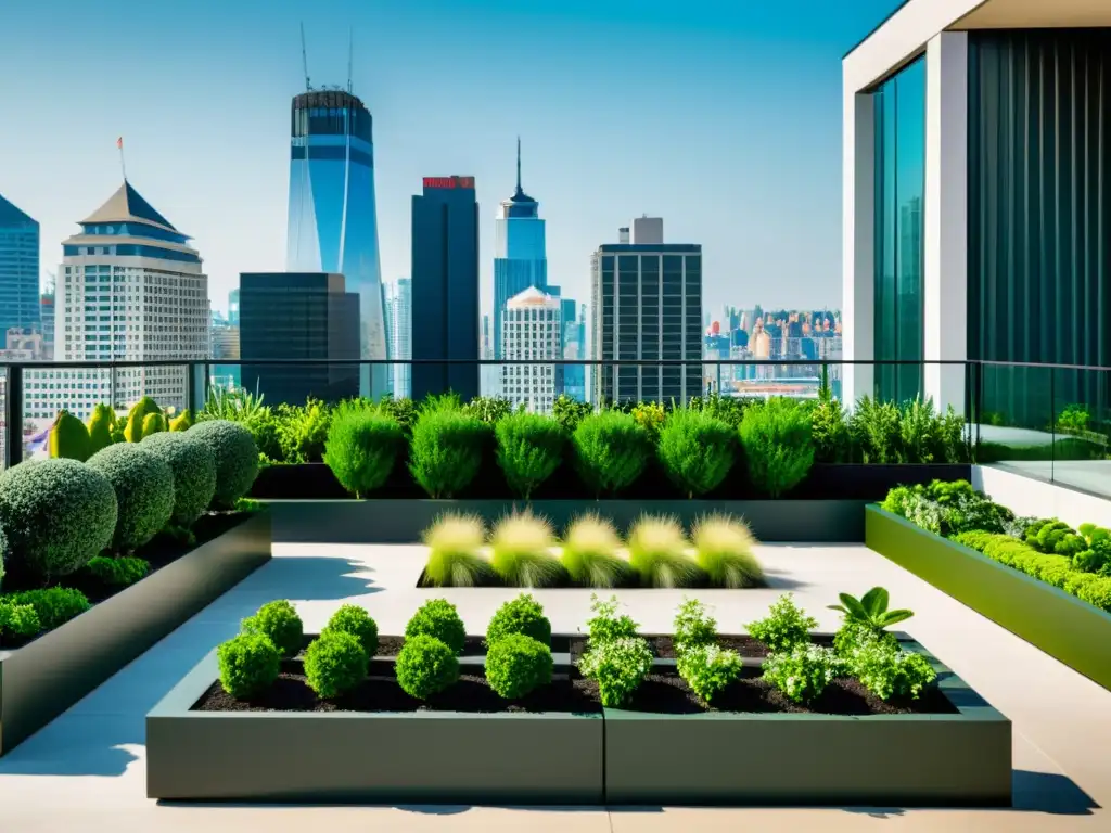 Terraza sostenible con diseño de jardín urbano, vegetación exuberante y mobiliario moderno