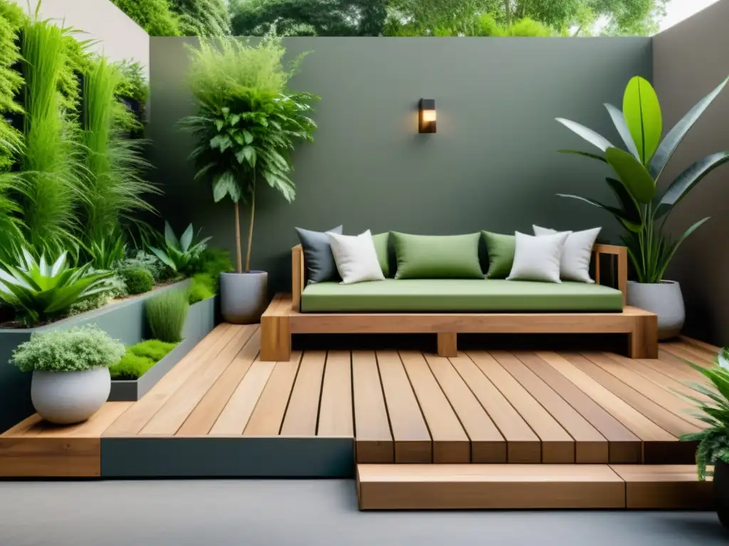 Terraza sostenible con diseño minimalista, muebles modernos reciclados, vegetación exuberante y paleta de colores terrosos