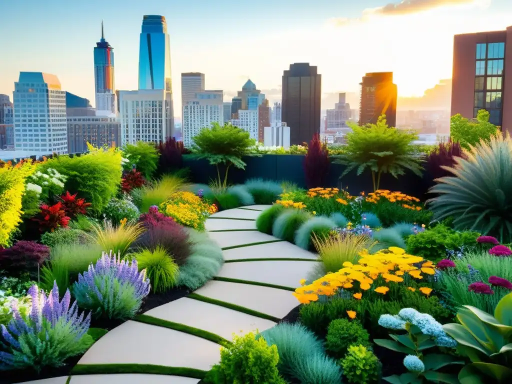 Un jardín de terraza sostenible, con plantas nativas y diseño acogedor, contrasta con el paisaje urbano