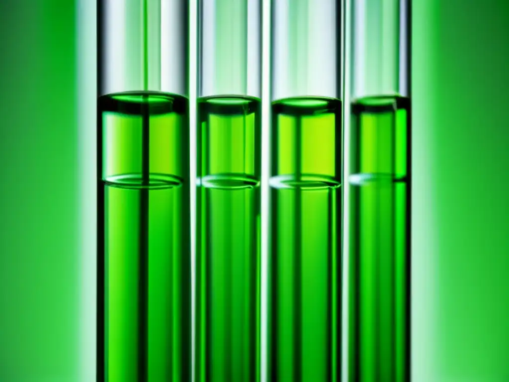 Test tube transparente con líquido verde brillante y nanotubos perfectamente alineados dispersos