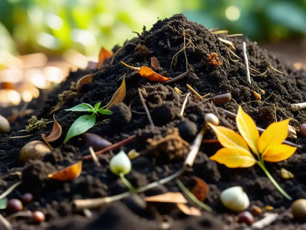 Textura orgánica: compostaje en el jardín Textura rica y colores terrosos de un montón de compost en un jardín