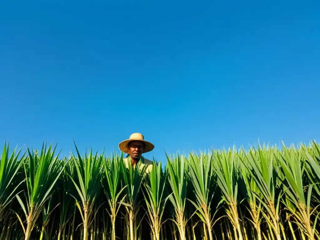 Un trabajador cosechando caña de azúcar en un campo, con una planta de bioenergía al fondo