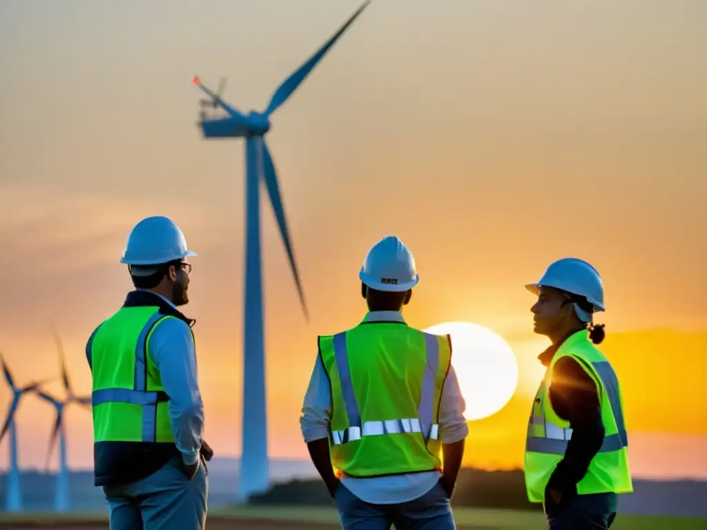 Trabajadores de energía renovable miran con orgullo un gran aerogenerador al atardecer, destacando la legislación de Transición Justa Trabajadores