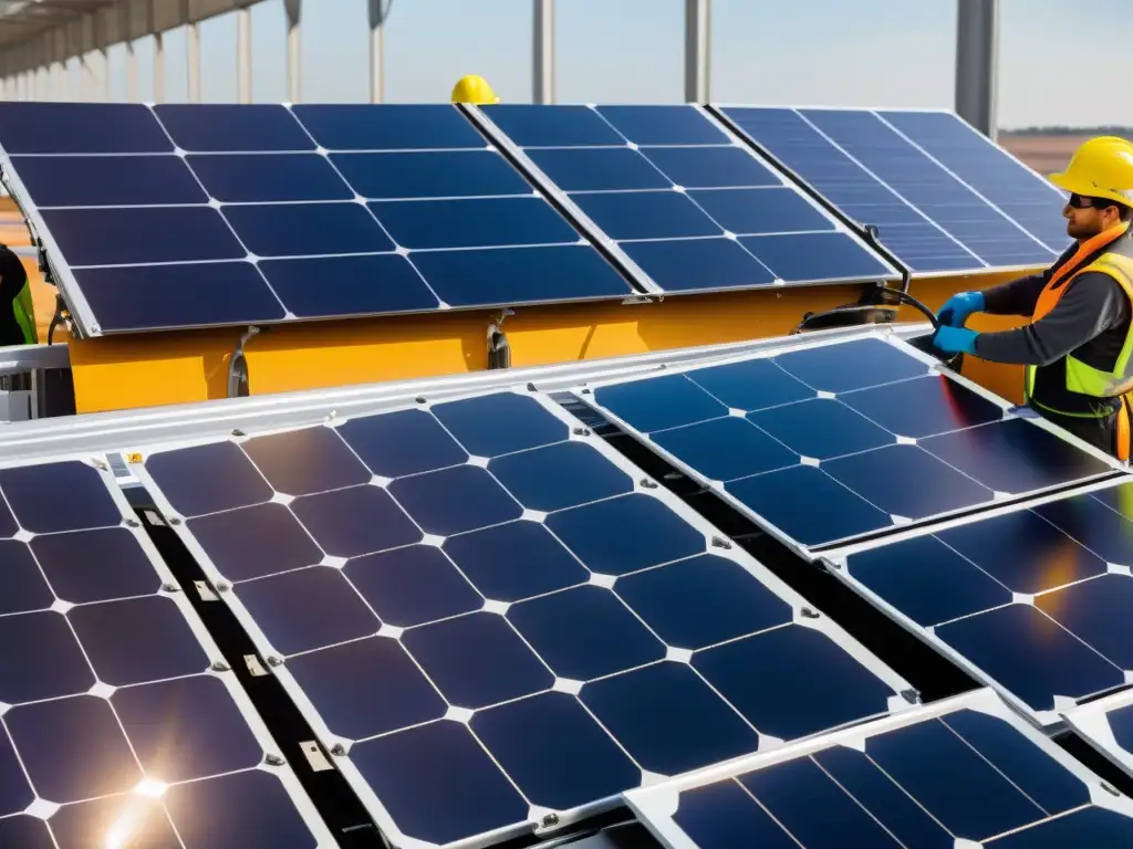 Trabajadores en una moderna planta de reciclaje de paneles solares, destacando el manejo residuos energía solar sostenible