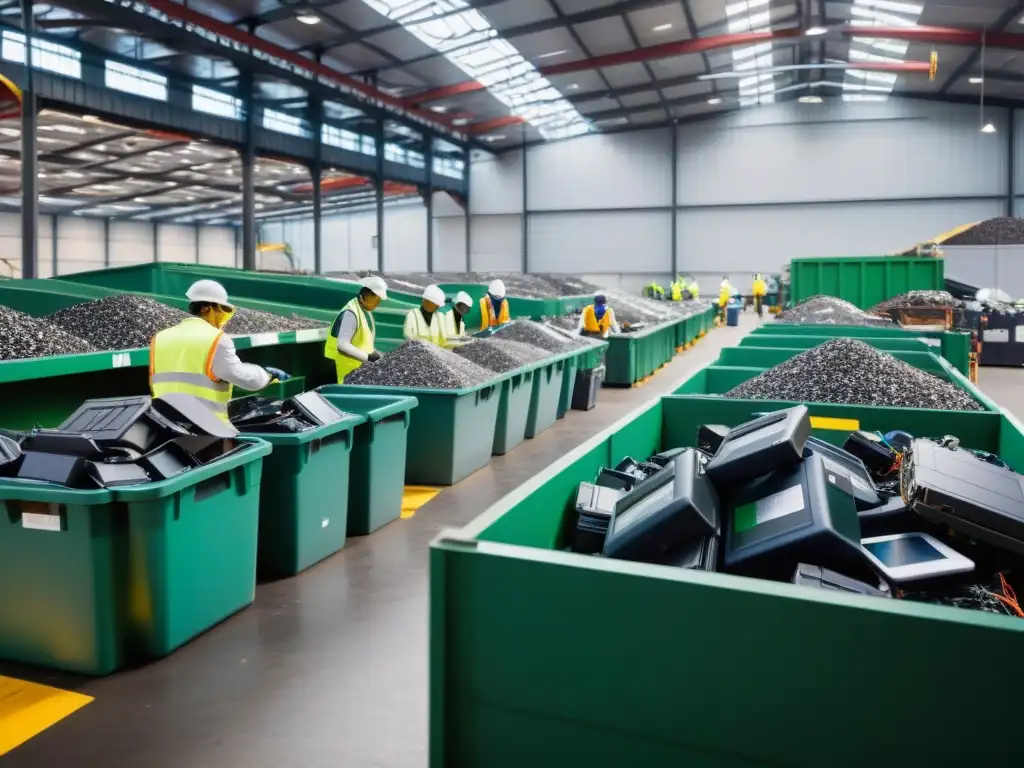 Trabajadores en planta de reciclaje de electrónica, clasificando dispositivos para una gestión responsable