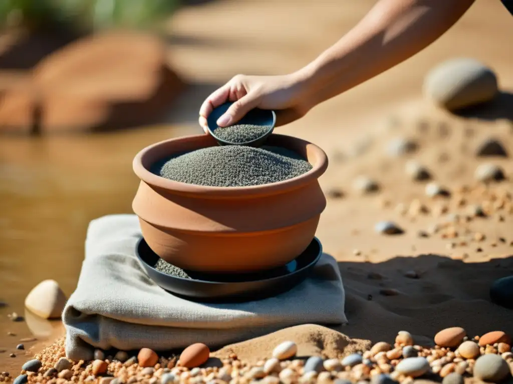 Tradicional sistema de purificación de agua con piedras naturales en una vasija de cerámica, arena y carbón, mostrando la eficacia de este método