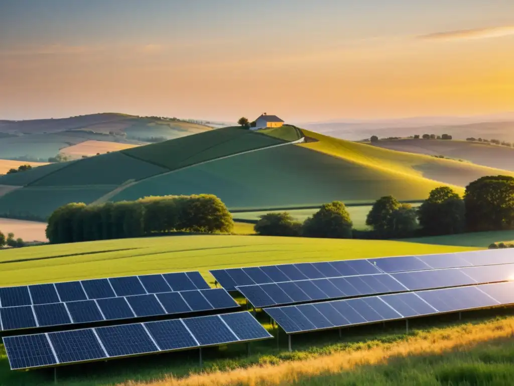 Un tranquilo atardecer en el campo con paneles solares, financiamiento energía solar áreas rurales