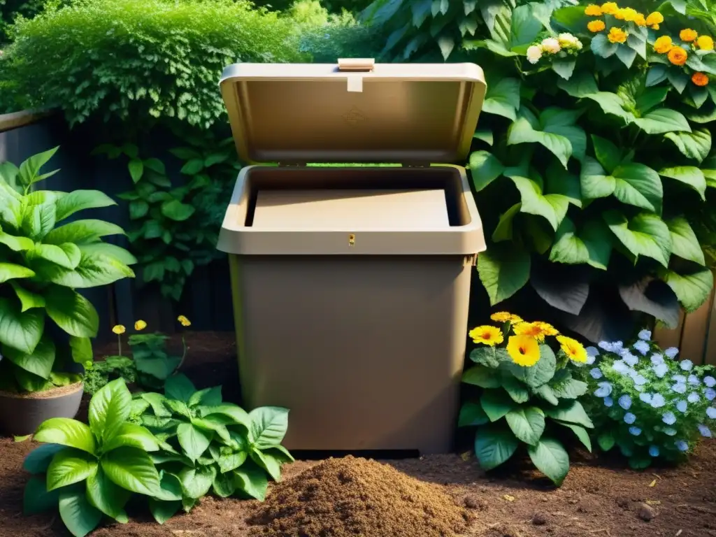 Un tranquilo jardín con un contenedor de compostaje rodeado de plantas verdes y flores vibrantes