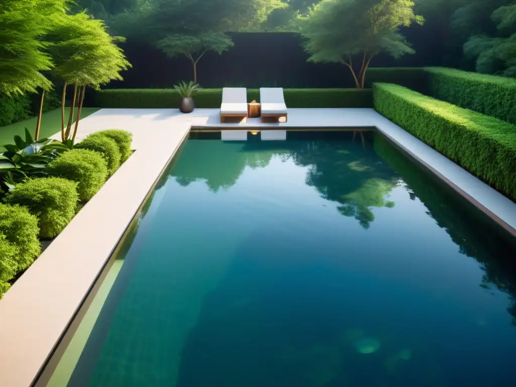 Un tranquilo estanque iluminado por luces LED subacuáticas, rodeado de exuberante vegetación, evocando serenidad y paz