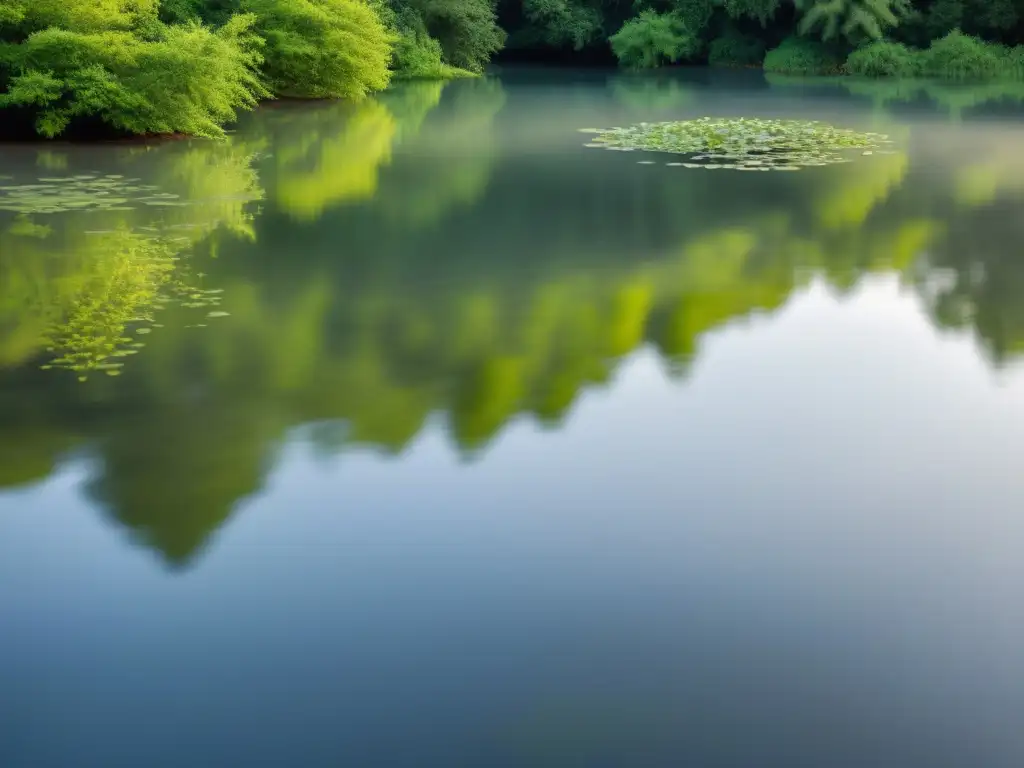 Un tranquilo estanque rodeado de exuberante vegetación refleja el cielo, evocando calma y belleza natural