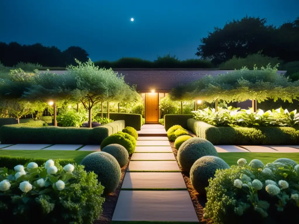 Un jardín tranquilo iluminado por la luna, con un sendero y vegetales bien cuidados