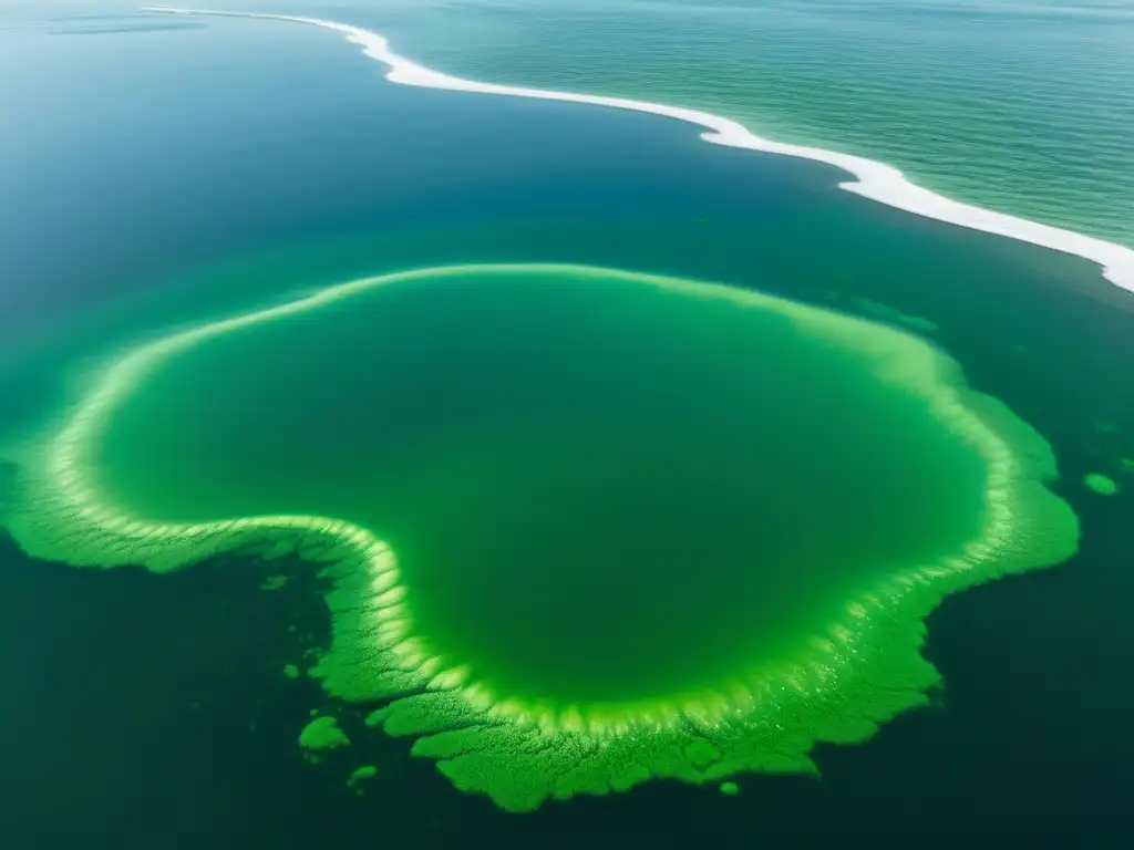 Un tranquilo océano con una única alga verde flotando en la superficie, reflejando la luz del sol