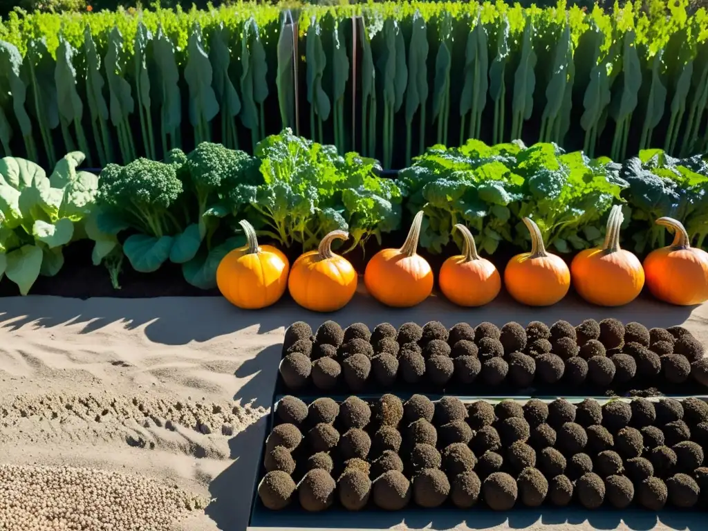 Un tranquilo jardín de otoño con semillas para huerto de otoño en filas ordenadas, bañado por cálida luz filtrada entre los árboles