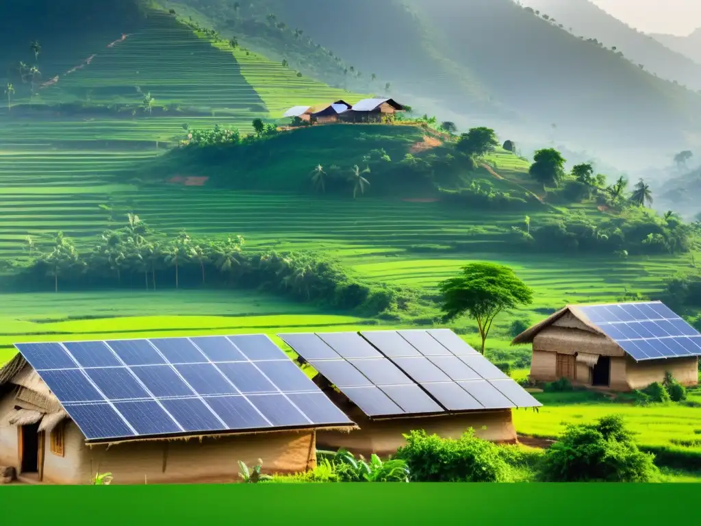 Un tranquilo pueblo rural indio con paneles solares brillando bajo el sol, en armonía con la naturaleza