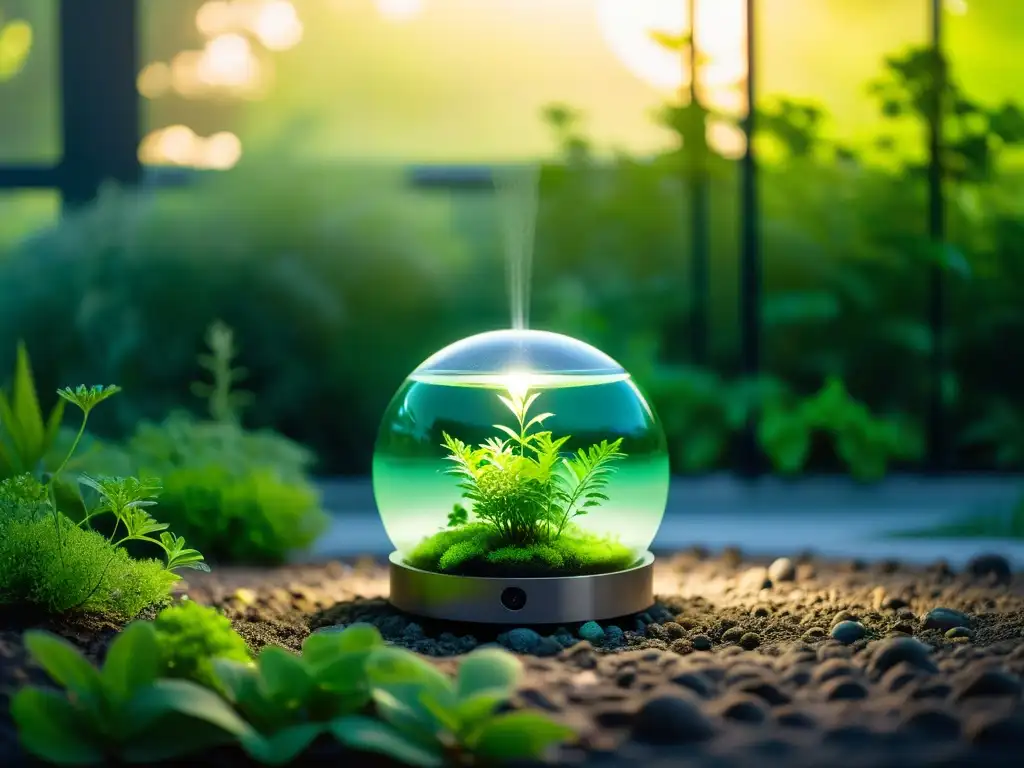 Un jardín tranquilo con un reactor de algas para bioenergía iluminado suavemente, fusionando naturaleza y tecnología