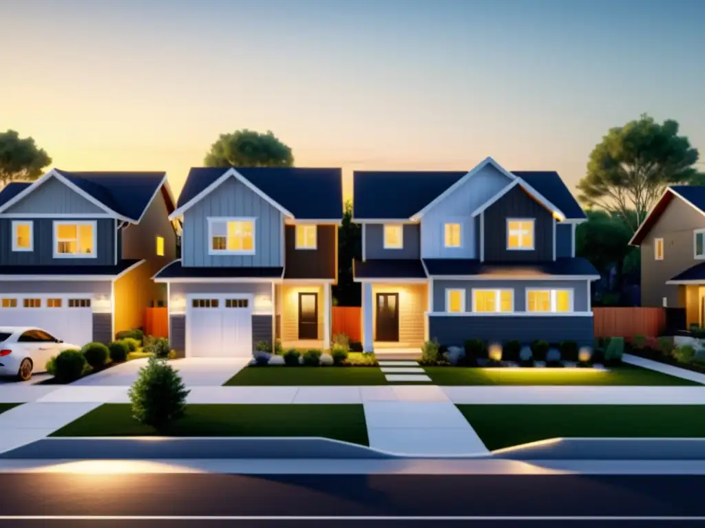 Un tranquilo vecindario suburbano recién construido con casas alineadas y jardines bien cuidados, bañado por la cálida luz del atardecer