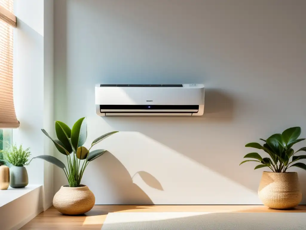 Una unidad de aire acondicionado moderna y eficiente en una elegante sala, evocando soluciones eficientes de control de temperatura para el hogar