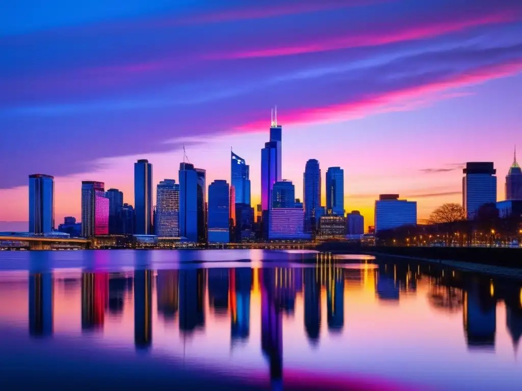 Densificación urbana sostenible: ciudad moderna con rascacielos iluminados, reflejos en el río y atardecer vibrante