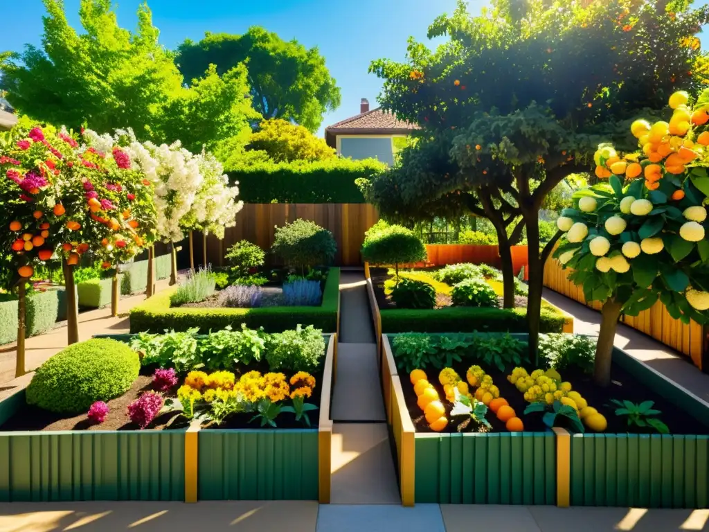 Un jardín urbano armonioso y vibrante, integrando árboles frutales, huertos y flores coloridas, bajo la luz del sol