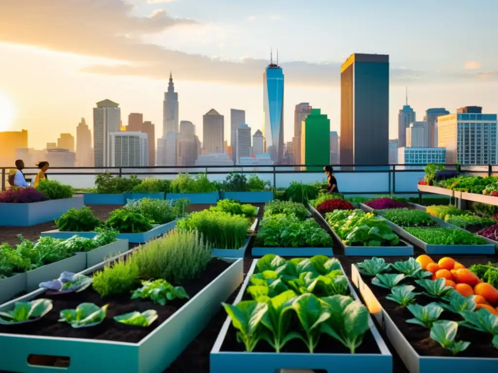 Un jardín urbano bullicioso con hileras de vegetales y hierbas, rodeado de rascacielos modernos