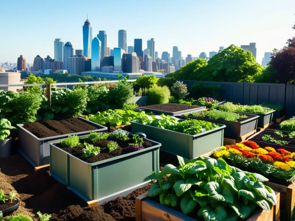 Jardín urbano con compostaje en proceso y vegetales creciendo, en contraste con el entorno urbano