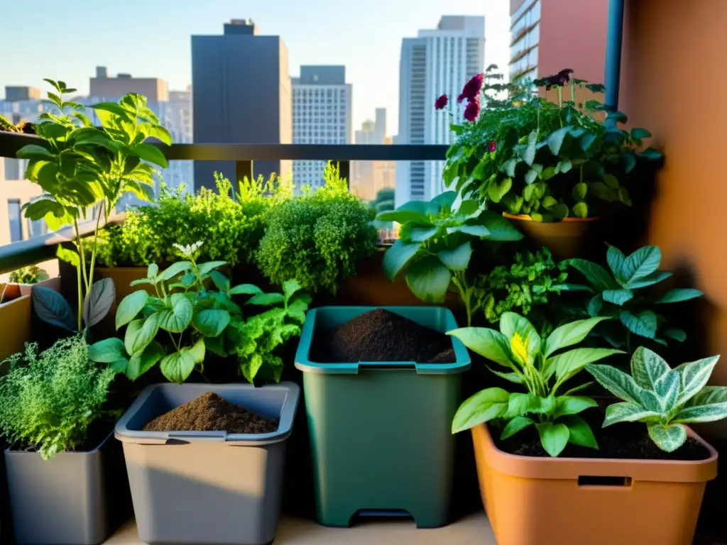 Un jardín de balcón urbano con compostaje urbano en espacios pequeños, destacando la armonía de luz y sombra y la riqueza de texturas y plantas