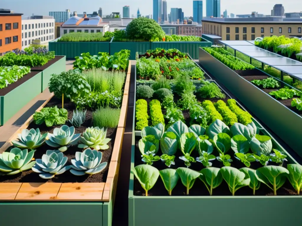 Un jardín urbano con cultivo de alimentos sostenibles en medio de la ciudad, mostrando la harmonía entre naturaleza y vida urbana