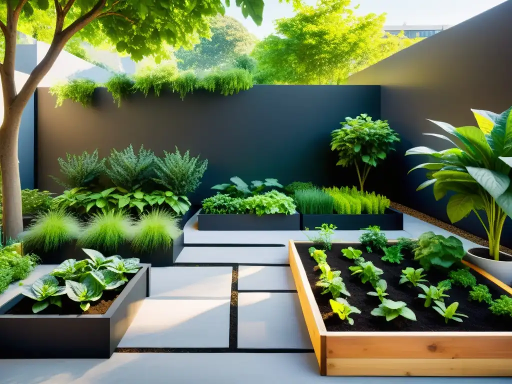 Un jardín urbano exuberante con camas elevadas rebosantes de verduras vibrantes y coloridas