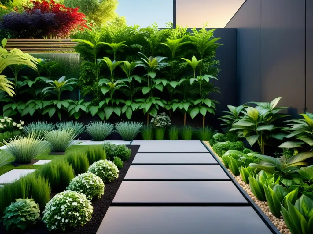 Un jardín urbano exuberante con un moderno sistema de riego integrado, mostrando la armonía entre tecnología y naturaleza