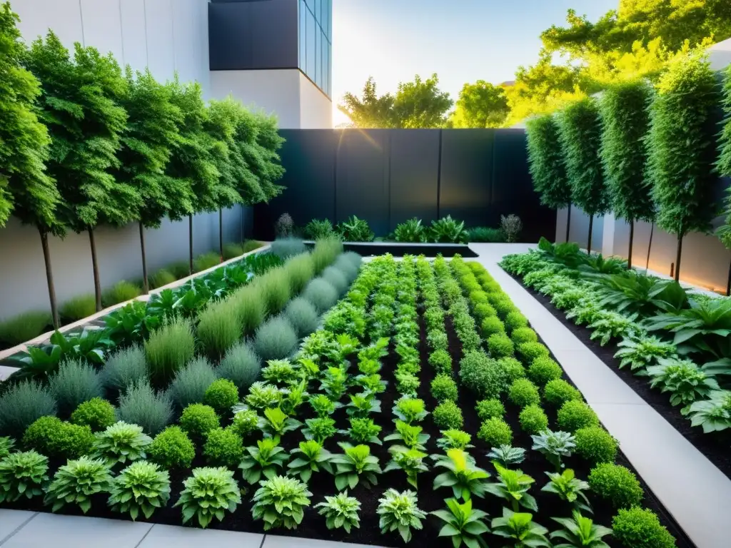 Un jardín urbano exuberante con plantas verdes vibrantes creciendo en un sistema de reutilización avanzada de agua en agricultura urbana