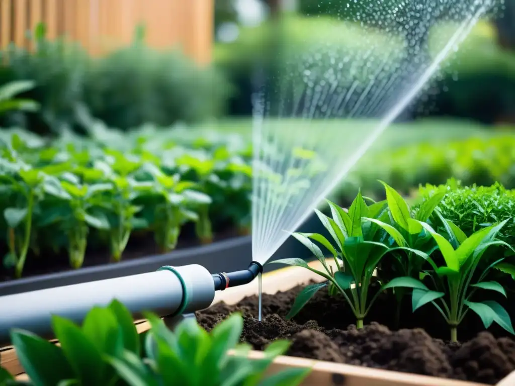 Un jardín urbano exuberante con un sistema de riego inteligente y moderno