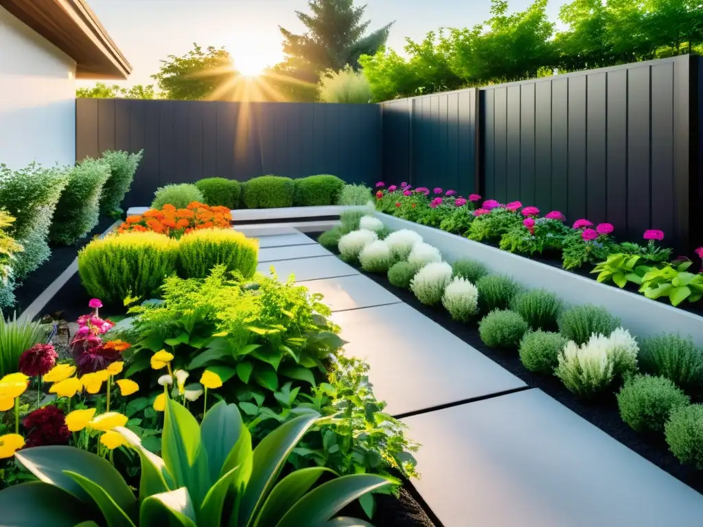 Un jardín urbano exuberante con tecnologías de riego inteligente integradas, irradiando sofisticación y eficiencia