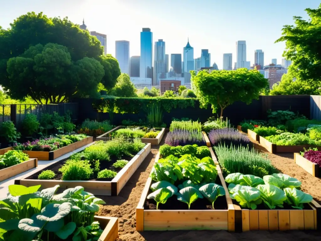 Un jardín urbano exuberante y vibrante con huertos ordenados llenos de vegetales y hierbas