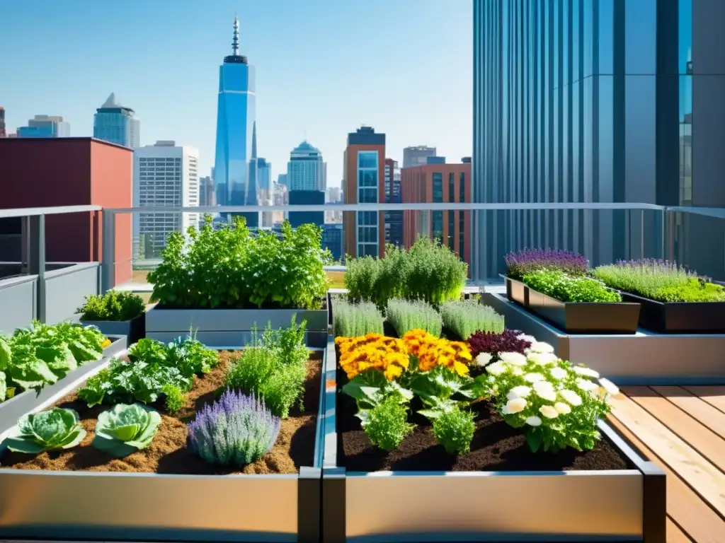 Jardín urbano con huertos caseros, vegetales y hierbas vibrantes en un tejado soleado, rodeado de edificios altos