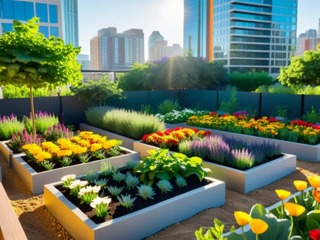 Jardín urbano vibrante: armonía entre ciudad y naturaleza Jardín urbano próspero con camas elevadas llenas de verduras y flores vibrantes