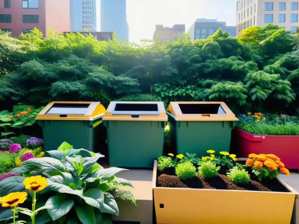 Un jardín urbano sereno con composteras organizadas, rodeado de plantas verdes y flores coloridas