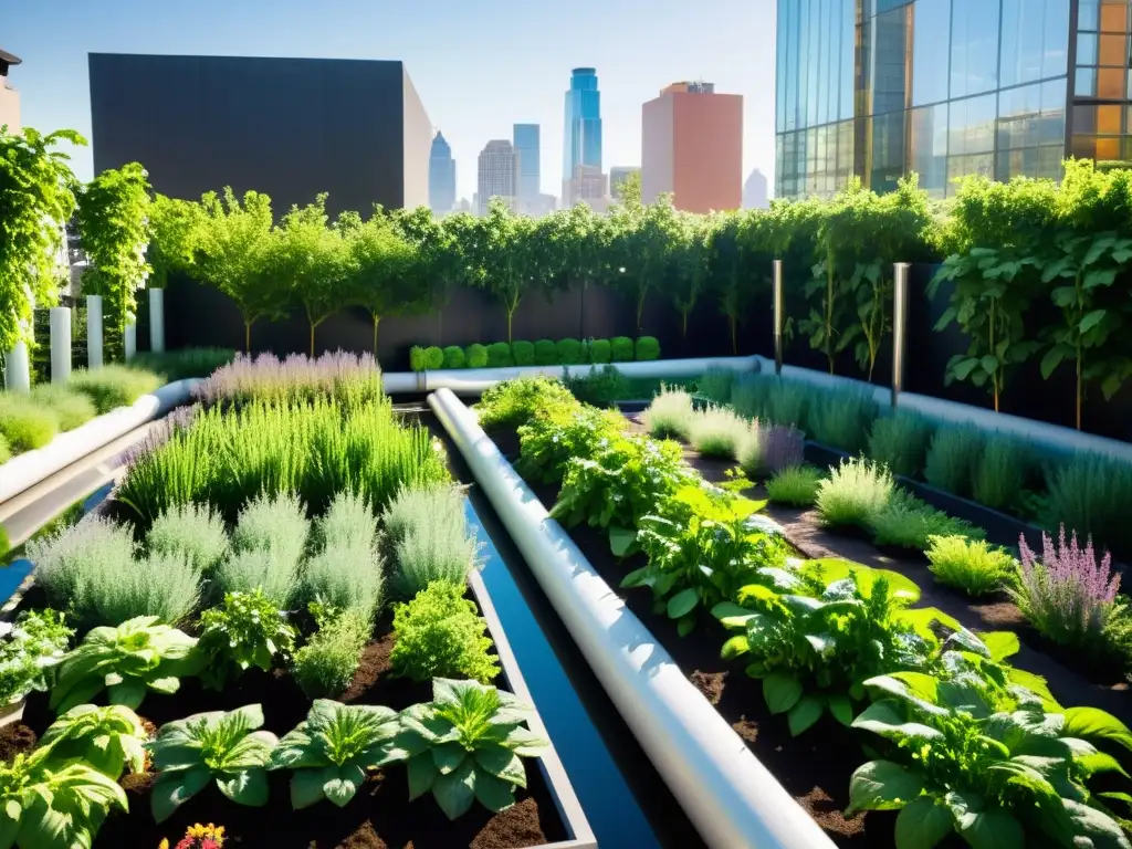 Jardín urbano con sistema avanzado de reutilización de agua para agricultura sostenible