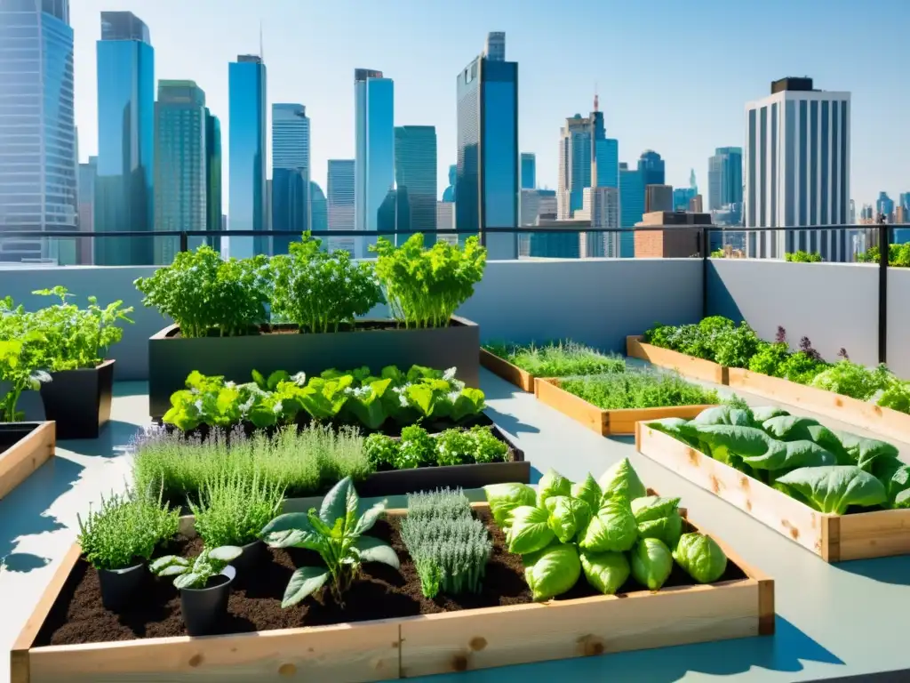 Jardín urbano en la azotea: verduras frescas y armonía con la ciudad Jardín urbano soleado con cultivos verdes y señales de vegetales, rodeado de altos edificios