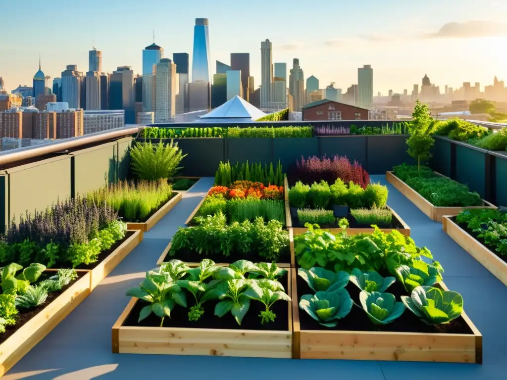 Un jardín urbano sostenible, con variedad de vegetales y hierbas en camas elevadas