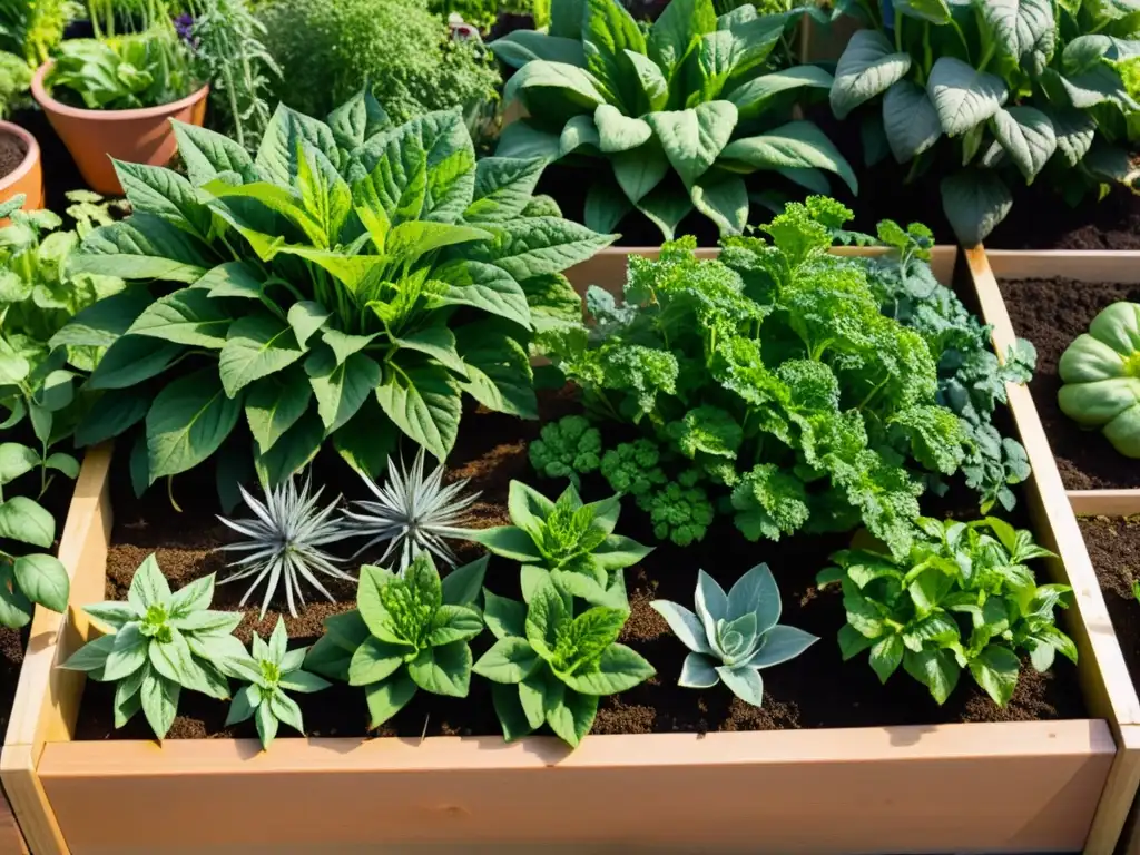 Un jardín urbano con vegetales y hierbas en camas elevadas