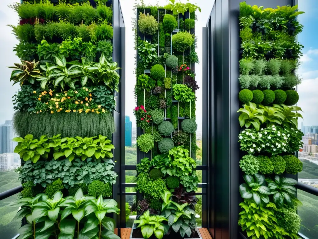 Un jardín urbano vertical sostenible muestra la integración de la naturaleza en la infraestructura urbana, con plantas vibrantes y un diseño innovador