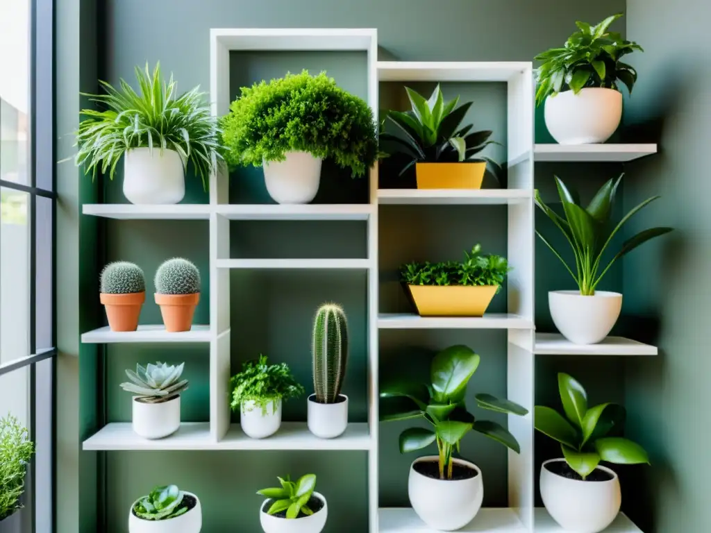 Un jardín urbano vertical sostenible con plantas verdes vibrantes en estantes metálicos blancos, iluminado por luz natural