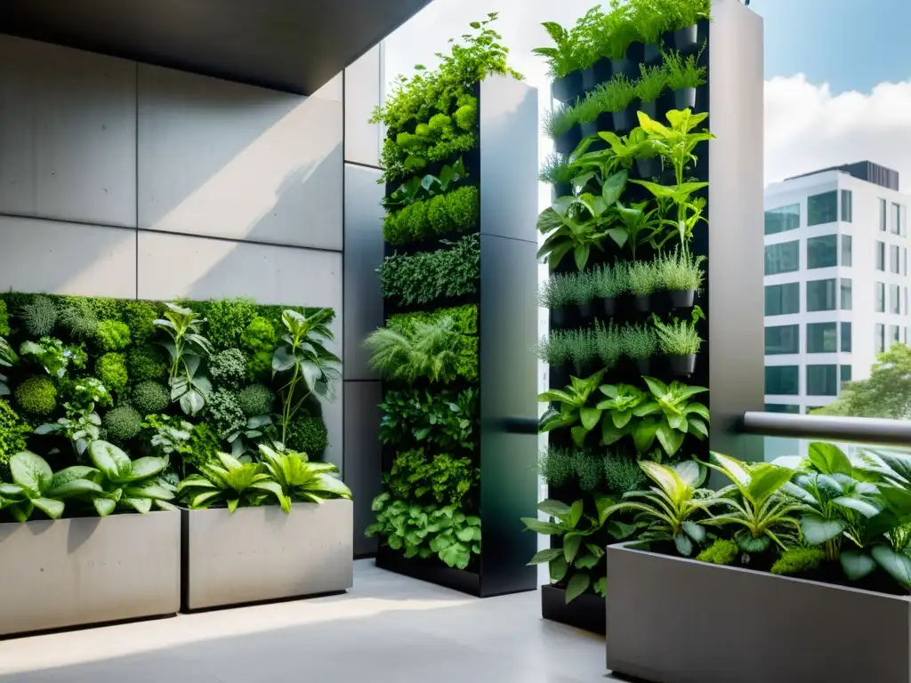 Un jardín urbano vertical sostenible con plantas vibrantes en una ciudad moderna