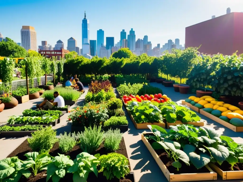 Un jardín urbano vibrante y bullicioso, con frutas, verduras y flores