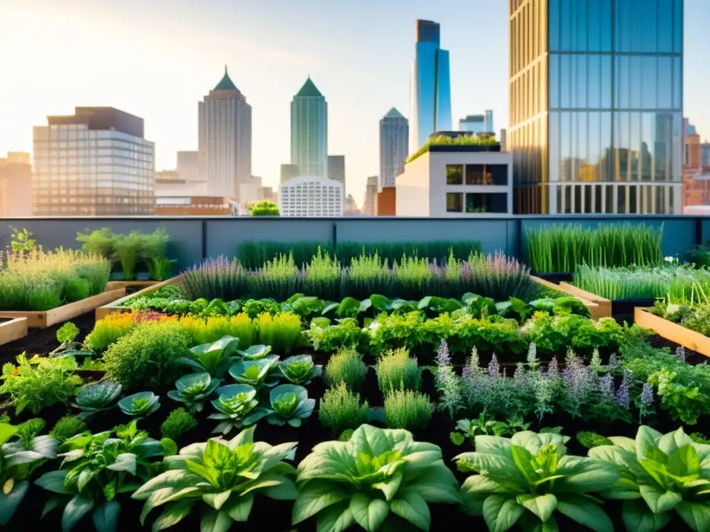 Un jardín urbano vibrante, en contraste con el paisaje citadino, capturando la esencia de la legislación urbana huertos caseros